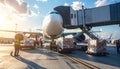 Cargo airplane loading with freight containers at airport tarmac at sunset image photo Royalty Free Stock Photo