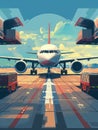 A cargo airplane sits on the runway, where it is surrounded by loading equipment and freight containers being managed Royalty Free Stock Photo