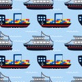 Cargo barge and cruise ship seamless pattern. Cartoon hand drawn sail childish collection, water transport on blue background. Royalty Free Stock Photo