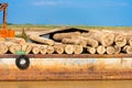 Cargo barge on the Irrawaddy river, Bagan, Myanmar, Burma. Close-up.