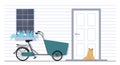 Cargo bike, bakfiets in a parking sight near the front door of a house, hotel, shop Exterior view of hallway from street Royalty Free Stock Photo