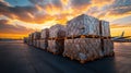 Cargo boxes on pallets at sunset Royalty Free Stock Photo