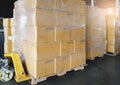 Cargo boxes shipment, Manufacturing and warehousing. Stack of cardboard boxes on pallet and hand pallet truck at the warehouse. Royalty Free Stock Photo