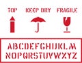 Cargo cardboard box icon stamp set fragile, keep dry, top and crate font for logistics or packaging