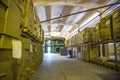 Cargo cardboard boxes in logistic storage warehouse, interior of storehouse