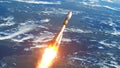 Cargo carrier rocket flies above the Earth