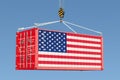 Cargo container with American flag hanging on the crane hook against blue sky, 3d rendering Royalty Free Stock Photo
