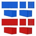 Cargo container. Blue, red cargo containers front, side and perspective view, transportation delivery freight Royalty Free Stock Photo