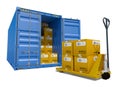 Cargo container with boxes and pallet trolley Royalty Free Stock Photo