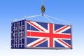 Cargo container with British flag hanging on the crane hook against blue sky, 3d rendering Royalty Free Stock Photo