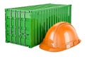 Cargo container with construction hardhat, 3D rendering