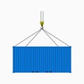 Cargo Container. Crane lifts blue container. Metal shipping cargo box in flat style. Vector.