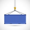 Cargo container hanging on a crane hook. Freight shipping