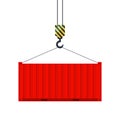 Cargo container hanging on a crane hook. Port crane. Worldwide delivery. Vector illustration