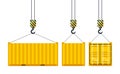 Cargo container hanging on a crane hook. Port crane. Worldwide delivery. Vector illustration