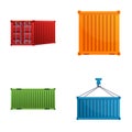 Cargo container icons set cartoon vector. Industrial crane hook and container