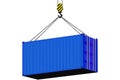 A cargo container lifted by a crane with rope slings.