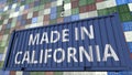 Cargo container with MADE IN CALIFORNIA caption. Import or export related 3D rendering