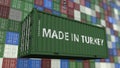 Cargo container with MADE IN TURKEY caption. Turkish import or export related 3D rendering Royalty Free Stock Photo