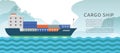 Cargo container sailing ship cartoon vector illustration. Seagoing freight transport with loaded container ship. Global