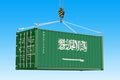 Cargo container with Saudi Arabia flag hanging on the crane hook Royalty Free Stock Photo