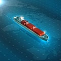 Cargo container ship on blue digital hi tech futuristic background. quality 3d render metaphor for global goods tracking