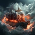 intricate 2D isometric rendering of cargo ship sailing through dense fog, containers partially concealed, creating air of mystery Royalty Free Stock Photo