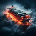 intricate 2D isometric rendering of cargo ship sailing through dense fog, containers partially concealed, creating air of mystery Royalty Free Stock Photo