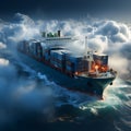 intricate 2D isometric rendering of cargo ship sailing through dense fog, containers partially concealed, creating air of mystery Royalty Free Stock Photo