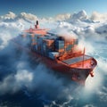 intricate 2D isometric rendering of cargo ship sailing through dense fog, containers partially concealed, creating air of mystery Royalty Free Stock Photo