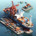 isometric 2D illustration of cargo ship docked at bustling port, containers being loaded, unloaded by cranes and workers. AI Royalty Free Stock Photo