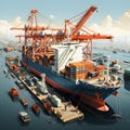 isometric 2D illustration of cargo ship docked at bustling port, containers being loaded, unloaded by cranes and workers. AI Royalty Free Stock Photo