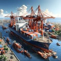 isometric 2D illustration of cargo ship docked at bustling port, containers being loaded, unloaded by cranes and workers. AI Royalty Free Stock Photo