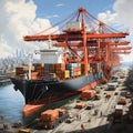 isometric 2D illustration of cargo ship docked at bustling port, containers being loaded, unloaded by cranes and workers. AI Royalty Free Stock Photo