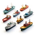 minimalist 2D isometric depiction of nine cargo ships, each represented by simple geometric shapes, on white background. AI