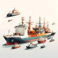 minimalist 2D isometric depiction of nine cargo ships, each represented by simple geometric shapes, on white background. AI