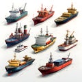 minimalist 2D isometric depiction of nine cargo ships, each represented by simple geometric shapes, on white background. AI