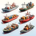 orderly arrangement of nine cargo ships in isometric view, highlighting their diverse shapes and sizes. AI Generated, Generative