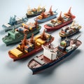 orderly arrangement of nine cargo ships in isometric view, highlighting their diverse shapes and sizes. AI Generated, Generative