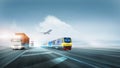 Cargo container transport logistic distribution import export concept of freight train, plane and truck on highway road