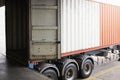 Cargo container truck loading at dock warehouse. Trailer docking stations. Industry freight truck transport. Royalty Free Stock Photo