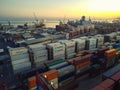 Cargo container warehouse at Mersin International Port. Aerial view. Mersin, Turkey - December 2020 Royalty Free Stock Photo