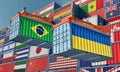Cargo containers with Brazil and Ukraine national flags.