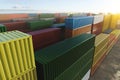 Cargo containers of different colors in the fog Royalty Free Stock Photo