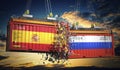 Cargo containers with flags of Spain and Russia Royalty Free Stock Photo