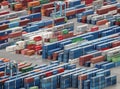 Cargo containers with goods in the port of Barcelona are waiting for shipment