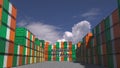 Many cargo containers with MADE IN IRELAND text and national flags. Irish import or export related 3D rendering