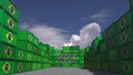 Many cargo containers with MADE IN BRAZIL text and national flags. Brazilian import or export related 3D rendering