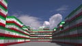 Many cargo containers with MADE IN IRAN text and national flags. Iranian import or export related 3D rendering