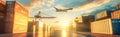 Cargo containers line a port at sunset as a plane flies overhead Royalty Free Stock Photo